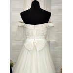 A-Line Pleated Tulle Wedding Dress with Off-Shoulder Short Sleeves- MO-A5002