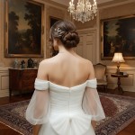 A-Line Pleated Tulle Wedding Dress with Off-Shoulder Short Sleeves- MO-A5002