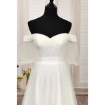 A-Line Pleated Tulle Wedding Dress with Off-Shoulder Short Sleeves- MO-A5002