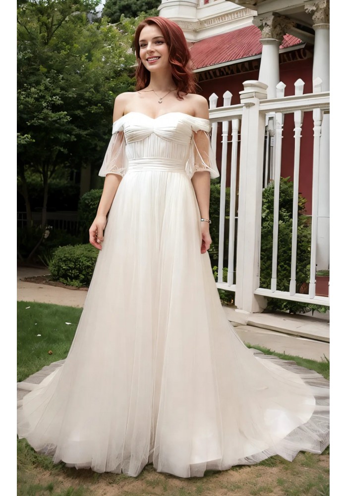 A-Line Pleated Tulle Wedding Dress with Off-Shoulder Short Sleeves- MO-A5002