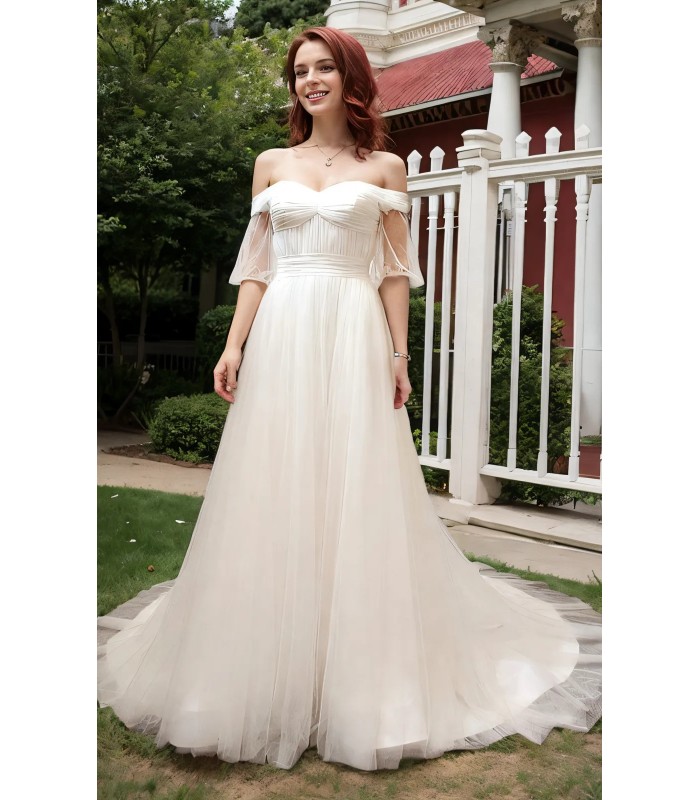 A-Line Pleated Tulle Wedding Dress with Off-Shoulder Short Sleeves- MO-A5002