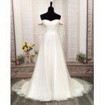 A-Line Pleated Tulle Wedding Dress with Off-Shoulder Short Sleeves- MO-A5002