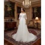 A-Line Pleated Tulle Wedding Dress with Off-Shoulder Short Sleeves- MO-A5002