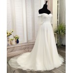 A-Line Pleated Tulle Wedding Dress with Off-Shoulder Short Sleeves- MO-A5002