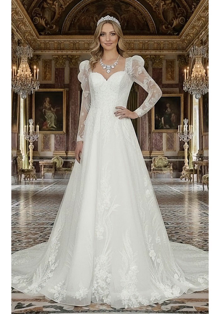 A-Line Beaded and Sequined Floral Lace Appliqued Tulle Wedding Dress with Layer of Glittery Tulle - MO-A6004