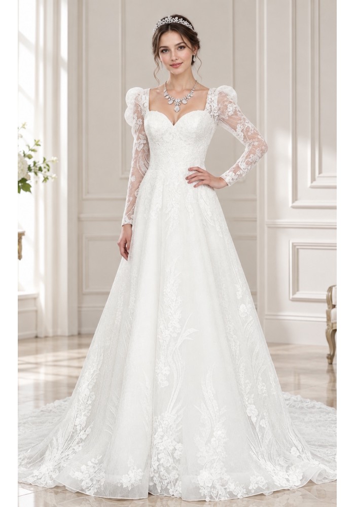 A-Line Beaded and Sequined Floral Lace Appliqued Tulle Wedding Dress with Layer of Glittery Tulle - MO-A6004