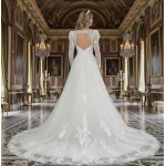 A-Line Beaded and Sequined Floral Lace Appliqued Tulle Wedding Dress with Layer of Glittery Tulle - MO-A6004