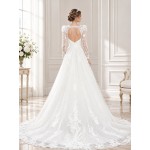 A-Line Beaded and Sequined Floral Lace Appliqued Tulle Wedding Dress with Layer of Glittery Tulle - MO-A6004