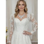 A-Line Beaded and Sequined Floral Lace Appliqued Tulle Wedding Dress with Layer of Glittery Tulle - MO-A6004