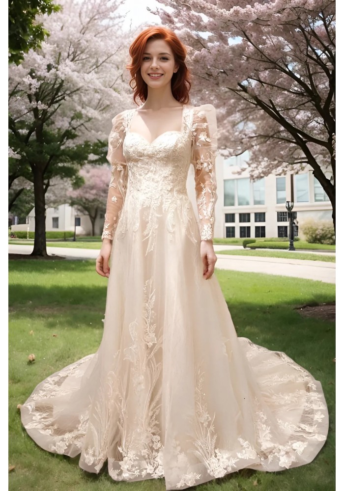 A-Line Beaded and Sequined Floral Lace Appliqued Tulle Wedding Dress with Layer of Glittery Tulle - MO-A6004