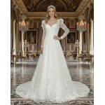 A-Line Beaded and Sequined Floral Lace Appliqued Tulle Wedding Dress with Layer of Glittery Tulle - MO-A6004