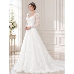 A-Line Beaded and Sequined Floral Lace Appliqued Tulle Wedding Dress with Layer of Glittery Tulle - MO-A6004