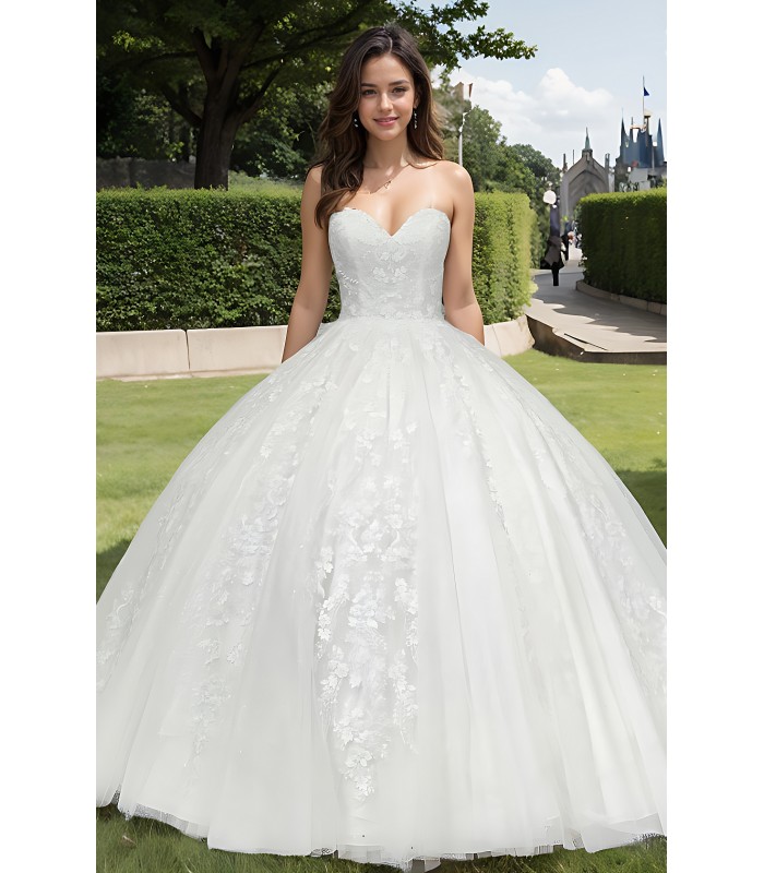 Ball Gown -Heavy Beaded and Sequined Floral Lace Appliqued Tulle Wedding Dress - MO-B1001