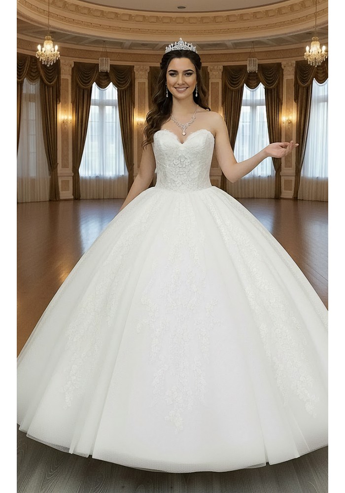 Ball Gown -Heavy Beaded and Sequined Floral Lace Appliqued Tulle Wedding Dress - MO-B1001