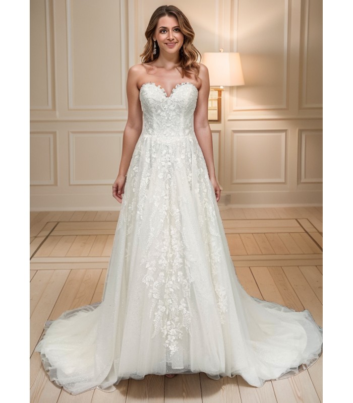 Ball Gown -Heavy Beaded and Sequined Floral Lace Appliqued Tulle Wedding Dress - MO-B1001