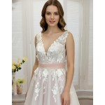 Ball Gown 3-D Floral lace Appliqued Tulle with Pleated Waist Band Wedding Dress - MO-B3001