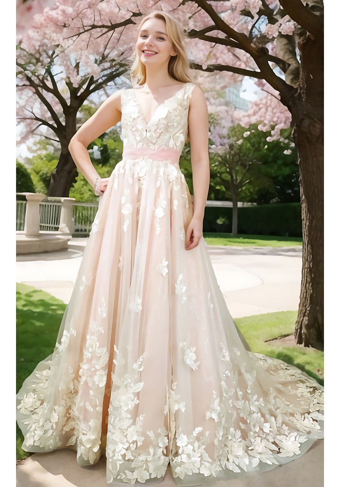 Ball Gown 3-D Floral lace Appliqued Tulle with Pleated Waist Band Wedding Dress - MO-B3001