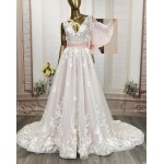 Ball Gown 3-D Floral lace Appliqued Tulle with Pleated Waist Band Wedding Dress - MO-B3001