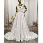 Ball Gown 3-D Floral lace Appliqued Tulle with Pleated Waist Band Wedding Dress - MO-B3001