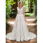 Ball Gown 3-D Floral lace Appliqued Tulle with Pleated Waist Band Wedding Dress - MO-B3001