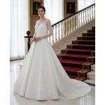 Ball Gown Beaded Linear and Floral Lace Appliqued Tulle and Satin Wedding Dress - MO-B6002