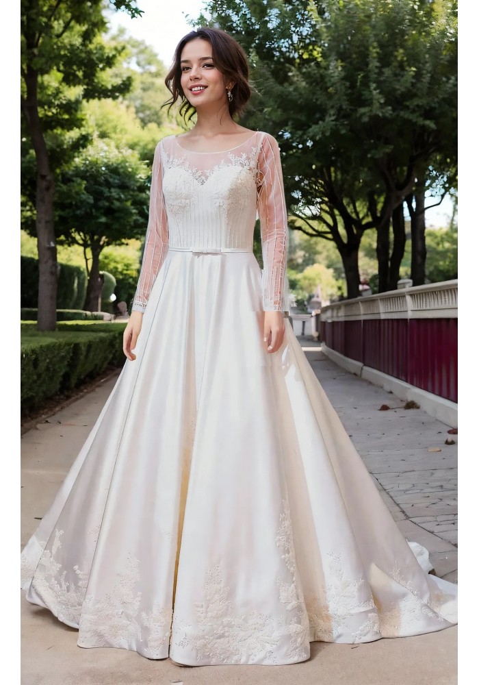 Ball Gown Beaded Linear and Floral Lace Appliqued Tulle and Satin Wedding Dress - MO-B6002