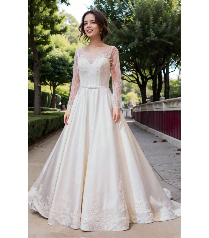 Ball Gown Beaded Linear and Floral Lace Appliqued Tulle and Satin Wedding Dress - MO-B6002