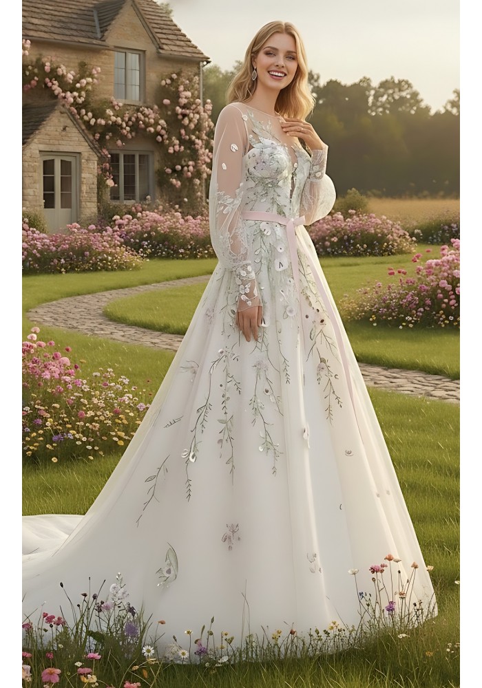 Ball Gown Pink Color Embroidery Floral Lace Appliqued Tulle with Sheer Lacy Bishop Long SleevesWedding Dress - MO-B6003