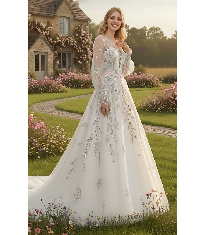 Ball Gown Pink Color Embroidery Floral Lace Appliqued Tulle with Sheer Lacy Bishop Long SleevesWedding Dress - MO-B6003