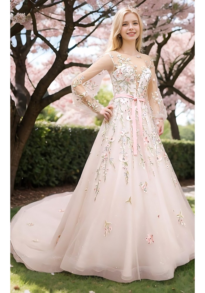 Ball Gown Pink Color Embroidery Floral Lace Appliqued Tulle with Sheer Lacy Bishop Long SleevesWedding Dress - MO-B6003