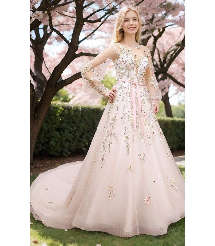 Ball Gown Pink Color Embroidery Floral Lace Appliqued Tulle with Sheer Lacy Bishop Long SleevesWedding Dress - MO-B6003