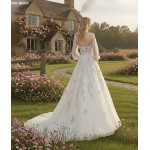 Ball Gown Pink Color Embroidery Floral Lace Appliqued Tulle with Sheer Lacy Bishop Long SleevesWedding Dress - MO-B6003