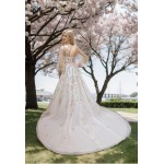 Ball Gown Pink Color Embroidery Floral Lace Appliqued Tulle with Sheer Lacy Bishop Long SleevesWedding Dress - MO-B6003