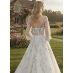 Ball Gown Pink Color Embroidery Floral Lace Appliqued Tulle with Sheer Lacy Bishop Long SleevesWedding Dress - MO-B6003