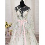 Ball Gown Pink Color Embroidery Floral Lace Appliqued Tulle with Sheer Lacy Bishop Long SleevesWedding Dress - MO-B6003