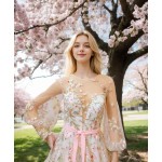 Ball Gown Pink Color Embroidery Floral Lace Appliqued Tulle with Sheer Lacy Bishop Long SleevesWedding Dress - MO-B6003