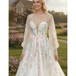 Ball Gown Pink Color Embroidery Floral Lace Appliqued Tulle with Sheer Lacy Bishop Long SleevesWedding Dress - MO-B6003