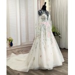 Ball Gown Pink Color Embroidery Floral Lace Appliqued Tulle with Sheer Lacy Bishop Long SleevesWedding Dress - MO-B6003