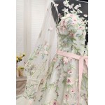 Ball Gown Pink Color Embroidery Floral Lace Appliqued Tulle with Sheer Lacy Bishop Long SleevesWedding Dress - MO-B6003