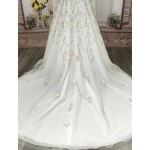 Ball Gown Pink Color Embroidery Floral Lace Appliqued Tulle with Sheer Lacy Bishop Long SleevesWedding Dress - MO-B6003