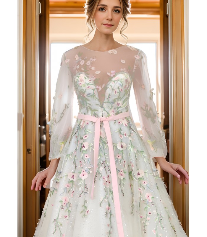 Ball Gown Pink Color Embroidery Floral Lace Appliqued Tulle with Sheer Lacy Bishop Long SleevesWedding Dress - MO-B6003