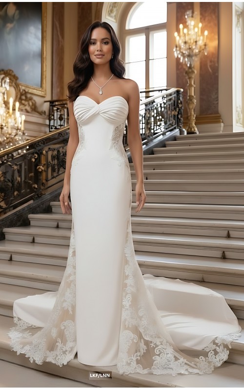 Wedding Dress - Fit and Flare Crepe Pleated Bust with Sheer Lacy Cut-outs on sides - MO-F1004
