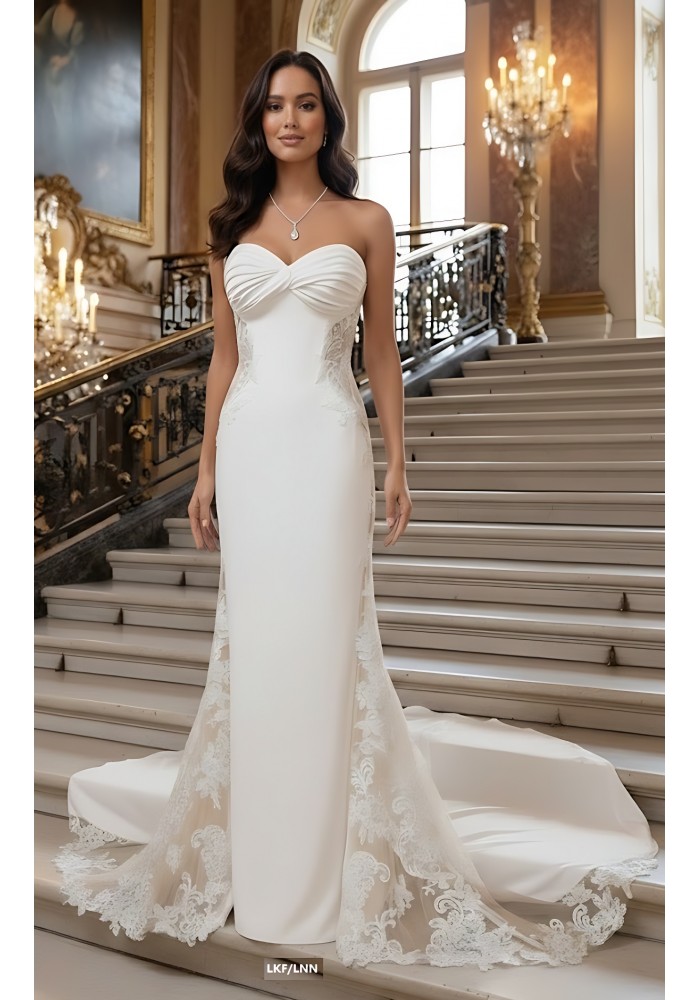 Wedding Dress - Fit and Flare Crepe Pleated Bust with Sheer Lacy Cut-outs on sides - MO-F1004