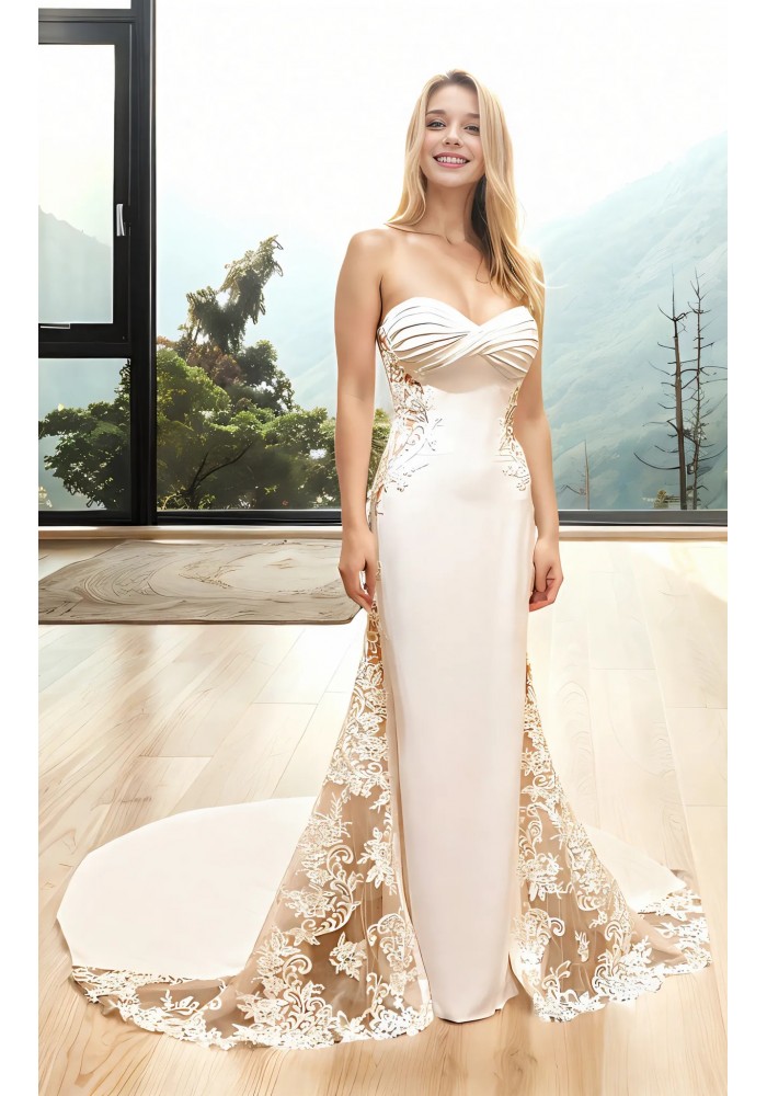 Wedding Dress - Fit and Flare Crepe Pleated Bust with Sheer Lacy Cut-outs on sides - MO-F1004