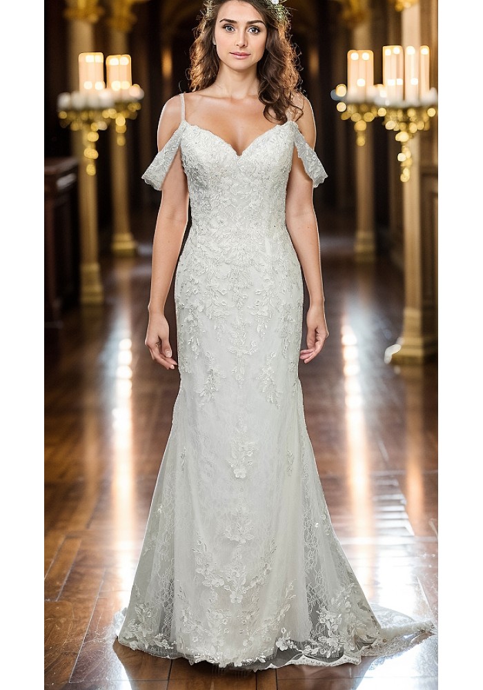 Fitted and Flare - Off the Shoulder Sequined Floral Lace Wedding Dress - MO-F5003