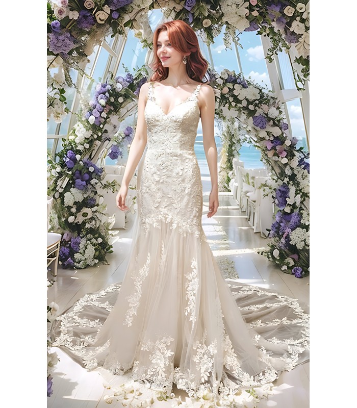 Mermaid Beaded Floral Lace Appliqued Tulle  Wedding Dress - MO-M3001