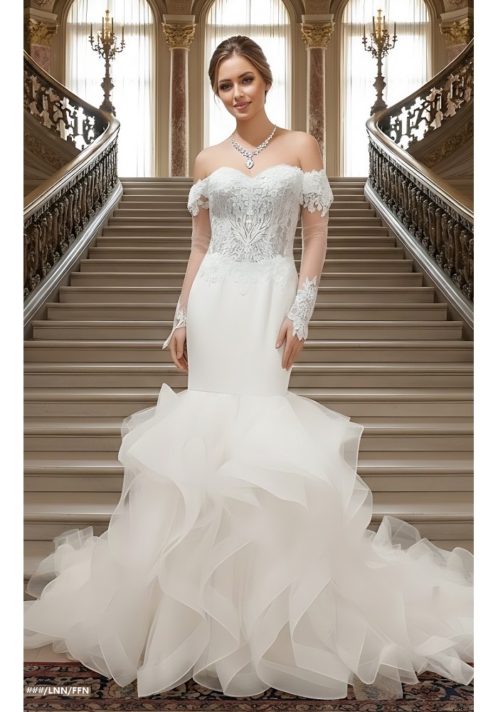 Mermaid Tulle Off-Shoulder Ruffle Skirt with Detachable Finger Ring Sheer Long Sleeves Wedding Dress - MO-M4005