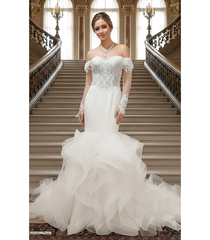 Mermaid Tulle Off-Shoulder Ruffle Skirt with Detachable Finger Ring Sheer Long Sleeves Wedding Dress - MO-M4005