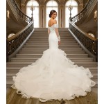 Mermaid Tulle Off-Shoulder Ruffle Skirt with Detachable Finger Ring Sheer Long Sleeves Wedding Dress - MO-M4005