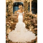 Mermaid Tulle Off-Shoulder Ruffle Skirt with Detachable Finger Ring Sheer Long Sleeves Wedding Dress - MO-M4005